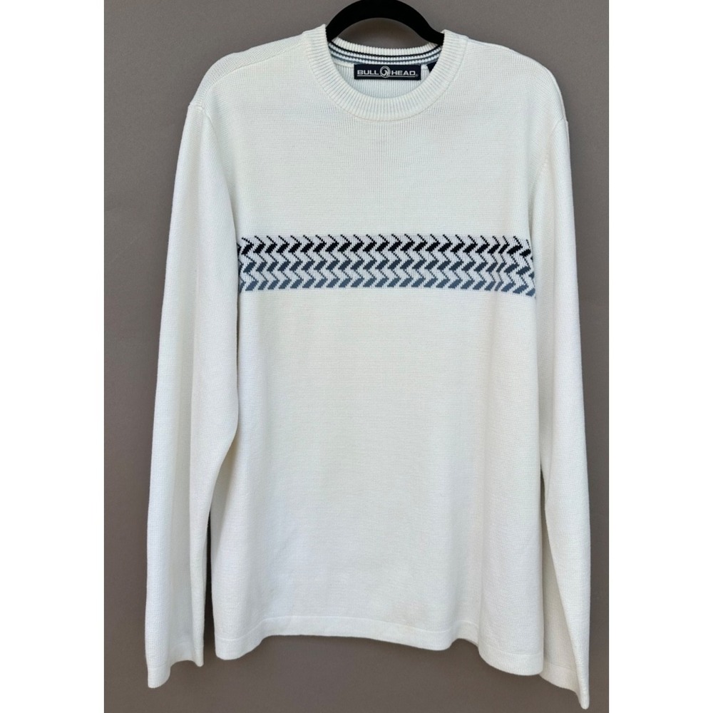 Vtg Bullhead Sweater Mens L Knit White Navy Stripe 90S Crew Neck Pullover Jumper